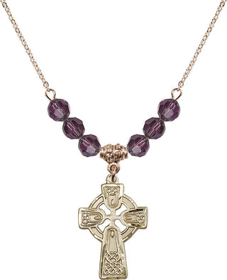 18" Hamilton Gold Plated Necklace with 4mm Amethyst Crystal Beads featuring a 14kt Gold Filled Celtic Cross Medal.