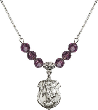 18" Rhodium Plated Necklace with 4mm Amethyst Crystal Beads featuring a Sterling Silver Saint Michael the Archangel Medal. Engraved Catholic Saint Jewelry