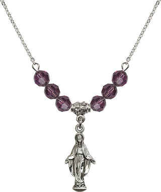 18" Rhodium Plated Necklace with 4mm Amethyst Crystal Beads featuring a Sterling Silver Miraculous Medal.