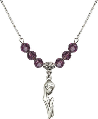 18" Rhodium Plated Necklace with 4mm Amethyst Crystal Beads featuring a Sterling Silver Madonna Medal.