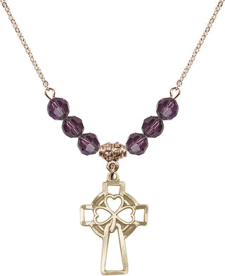 18" Hamilton Gold Plated Necklace with 4mm Amethyst Crystal Beads featuring a 14kt Gold Filled Shamrock Cross Medal.