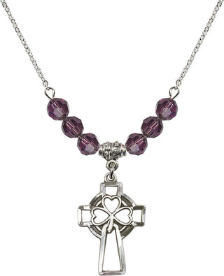 18" Rhodium Plated Necklace with 4mm Amethyst Crystal Beads featuring a Sterling Silver Shamrock Cross Medal.
