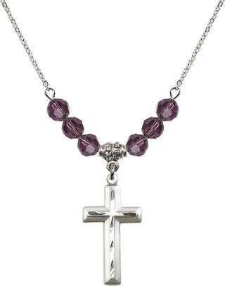 18" Rhodium Plated Necklace with 4mm Amethyst Crystal Beads featuring a Sterling Silver Cross Medal. Engraved Catholic Saint Jewelry