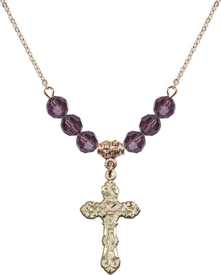 18" Hamilton Gold Plated Necklace with 4mm Amethyst Crystal Beads featuring a 14kt Gold Filled Cross Medal. Engraved Catholic Saint Jewelry