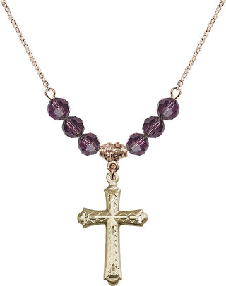 18" Hamilton Gold Plated Necklace with 4mm Amethyst Crystal Beads featuring a 14kt Gold Filled Cross Medal. Engraved Catholic Saint Jewelry