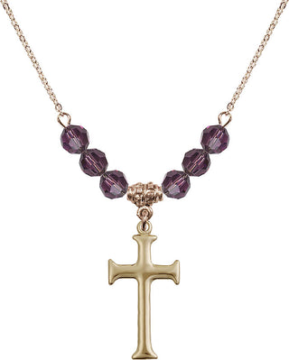 18" Hamilton Gold Plated Necklace with 4mm Amethyst Crystal Beads featuring a 14kt Gold Filled Cross Medal. Engraved Catholic Saint Jewelry