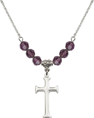18" Rhodium Plated Necklace with 4mm Amethyst Crystal Beads featuring a Sterling Silver Cross Medal. Engraved Catholic Saint Jewelry