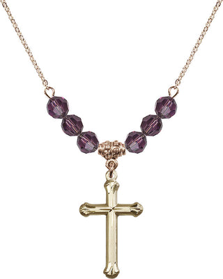 18" Hamilton Gold Plated Necklace with 4mm Amethyst Crystal Beads featuring a 14kt Gold Filled Cross Medal. Engraved Catholic Saint Jewelry