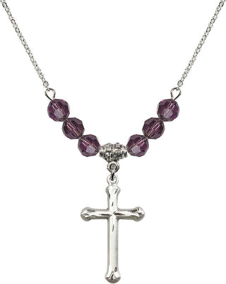 18" Rhodium Plated Necklace with 4mm Amethyst Crystal Beads featuring a Sterling Silver Cross Medal. Engraved Catholic Saint Jewelry