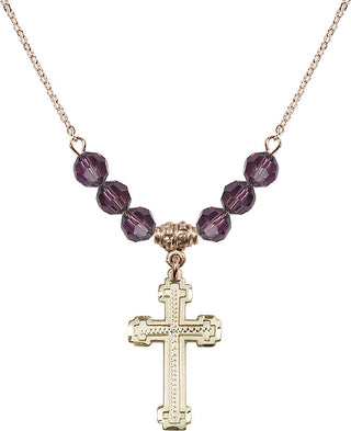 18" Hamilton Gold Plated Necklace with 4mm Amethyst Crystal Beads featuring a 14kt Gold Filled Cross Medal.