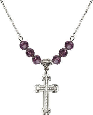 18" Rhodium Plated Necklace with 4mm Amethyst Crystal Beads featuring a Sterling Silver Cross Medal.