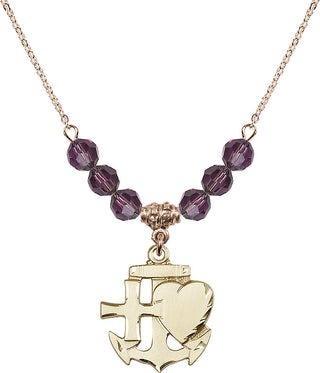 18" Hamilton Gold Plated Necklace with 4mm Amethyst Crystal Beads featuring a 14kt Gold Filled Faith, Hope & Charity Medal.