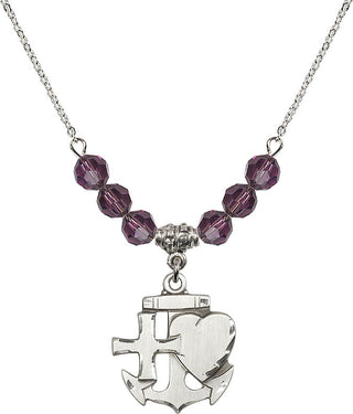 18" Rhodium Plated Necklace with 4mm Amethyst Crystal Beads featuring a Sterling Silver Faith, Hope & Charity Medal.
