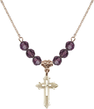 18" Hamilton Gold Plated Necklace with 4mm Amethyst Crystal Beads featuring a 14kt Gold Filled Cross on Cross Medal. Engraved Catholic Saint Jewelry