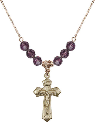 18" Hamilton Gold Plated Necklace with 4mm Amethyst Crystal Beads featuring a 14kt Gold Filled Crucifix Medal.
