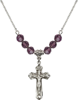 18" Rhodium Plated Necklace with 4mm Amethyst Crystal Beads featuring a Sterling Silver Crucifix Medal.