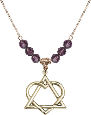 18" Hamilton Gold Plated Necklace with 4mm Amethyst Crystal Beads featuring a 14kt Gold Filled Adoption Heart Medal.