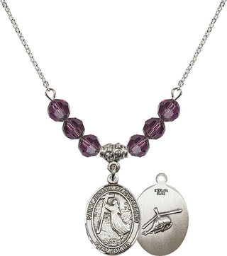 18" Rhodium Plated Necklace with 4mm Amethyst Crystal Beads featuring a Sterling Silver Saint Joseph of Cupertino/Heleco Medal.