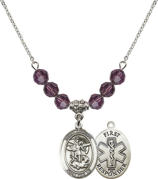 18" Rhodium Plated Necklace with 4mm Amethyst Crystal Beads featuring a Sterling Silver Saint Michael/1St Responder Medal.