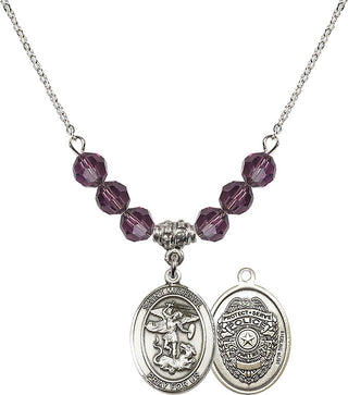 18" Rhodium Plated Necklace with 4mm Amethyst Crystal Beads featuring a Sterling Silver Saint Michael the Archangel Medal.
