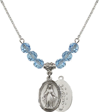 18" Rhodium Plated Necklace with 4mm Aqua Crystal Beads featuring a Sterling Silver Miraculous Medal.