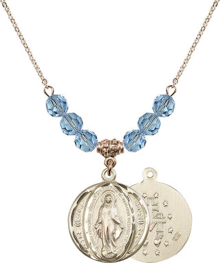 18" Hamilton Gold Plated Necklace with 4mm Aqua Crystal Beads featuring a 14kt Gold Filled Miraculous Medal.