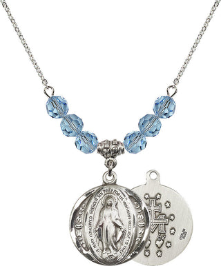 18" Rhodium Plated Necklace with 4mm Aqua Crystal Beads featuring a Sterling Silver Miraculous Medal.
