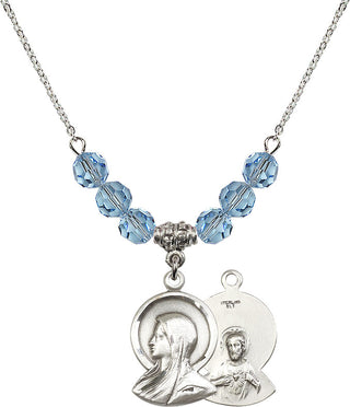 18" Rhodium Plated Necklace with 4mm Aqua Crystal Beads featuring a Sterling Silver Madonna Medal.