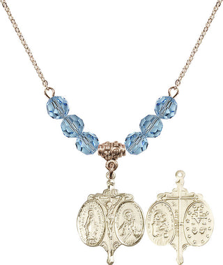 18" Hamilton Gold Plated Necklace with 4mm Aqua Crystal Beads featuring a 14kt Gold Filled Novena Medal.