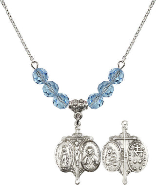 18" Rhodium Plated Necklace with 4mm Aqua Crystal Beads featuring a Sterling Silver Novena Medal.