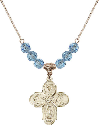 18" Hamilton Gold Plated Necklace with 4mm Aqua Crystal Beads featuring a 14kt Gold Filled 4-Way Medal.