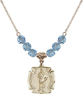 18" Hamilton Gold Plated Necklace with 4mm Aqua Crystal Beads featuring a 14kt Gold Filled Saint Florian Medal. Engraved Catholic Saint Jewelry