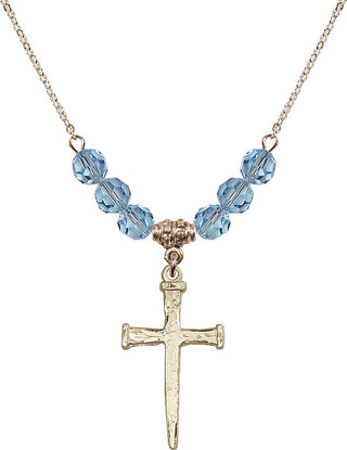 18" Hamilton Gold Plated Necklace with 4mm Aqua Crystal Beads featuring a 14kt Gold Filled Nail Cross Medal.