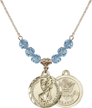 18" Hamilton Gold Plated Necklace with 4mm Aqua Crystal Beads featuring a 14kt Gold Filled Saint Christopher / Army Medal.