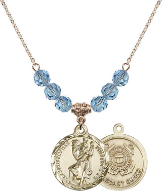 18" Hamilton Gold Plated Necklace with 4mm Aqua Crystal Beads featuring a 14kt Gold Filled Saint Christopher / Coast Guard Medal.
