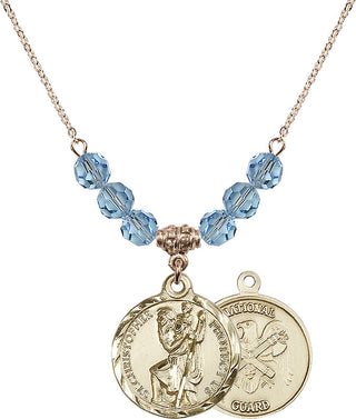 18" Hamilton Gold Plated Necklace with 4mm Aqua Crystal Beads featuring a 14kt Gold Filled Saint Christopher / Nat'l Guard Medal.