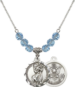 18" Rhodium Plated Necklace with 4mm Aqua Crystal Beads featuring a Sterling Silver Saint Christopher / Army Medal.