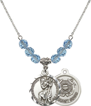 18" Rhodium Plated Necklace with 4mm Aqua Crystal Beads featuring a Sterling Silver Saint Christopher / Coast Guard Medal.