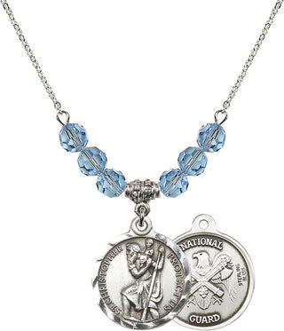 18" Rhodium Plated Necklace with 4mm Aqua Crystal Beads featuring a Sterling Silver Saint Christopher / Nat'l Guard Medal.