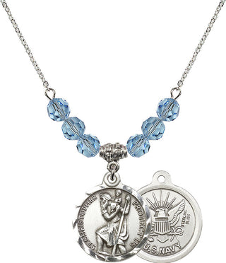 18" Rhodium Plated Necklace with 4mm Aqua Crystal Beads featuring a Sterling Silver Saint Christopher / Navy Medal.