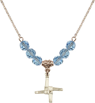 18" Hamilton Gold Plated Necklace with 4mm Aqua Crystal Beads featuring a 14kt Gold Filled Saint Brigid Cross Medal.