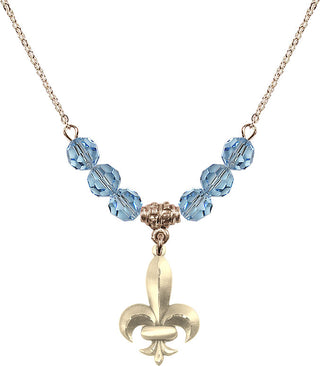 18" Hamilton Gold Plated Necklace with 4mm Aqua Crystal Beads featuring a 14kt Gold Filled Fleur de Lis Medal.