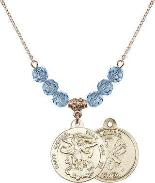 18" Hamilton Gold Plated Necklace with 4mm Aqua Crystal Beads featuring a 14kt Gold Filled Saint Michael / Nat'l Guard Medal.