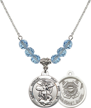 18" Rhodium Plated Necklace with 4mm Aqua Crystal Beads featuring a Sterling Silver Saint Michael / Coast Guard Medal.