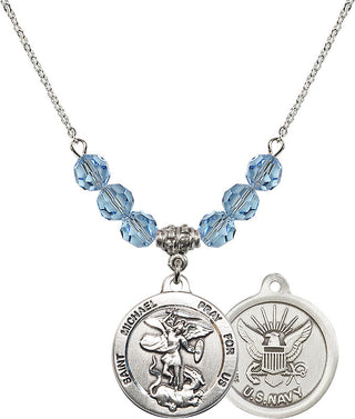 18" Rhodium Plated Necklace with 4mm Aqua Crystal Beads featuring a Sterling Silver Saint Michael / Navy Medal.
