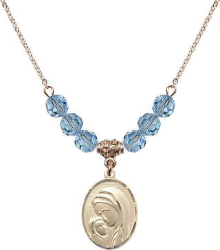 18" Hamilton Gold Plated Necklace with 4mm Aqua Crystal Beads featuring a 14kt Gold Filled Madonna & Child Medal.