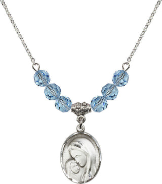 18" Rhodium Plated Necklace with 4mm Aqua Crystal Beads featuring a Sterling Silver Madonna & Child Medal.