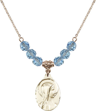 18" Hamilton Gold Plated Necklace with 4mm Aqua Crystal Beads featuring a 14kt Gold Filled Sorrowful Mother Medal.