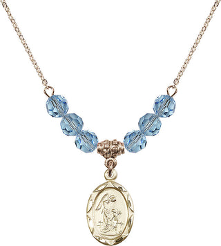 18" Hamilton Gold Plated Necklace with 4mm Aqua Crystal Beads featuring a 14kt Gold Filled Guardian Angel Medal. Engraved Catholic Saint Jewelry