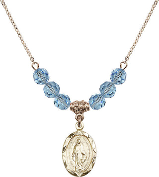 18" Hamilton Gold Plated Necklace with 4mm Aqua Crystal Beads featuring a 14kt Gold Filled Miraculous Medal.